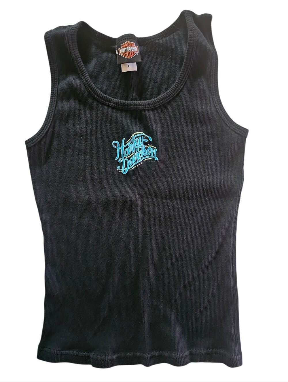 Harley-Davidson Black Tank Top with Teal Logo, Palm Springs, California.